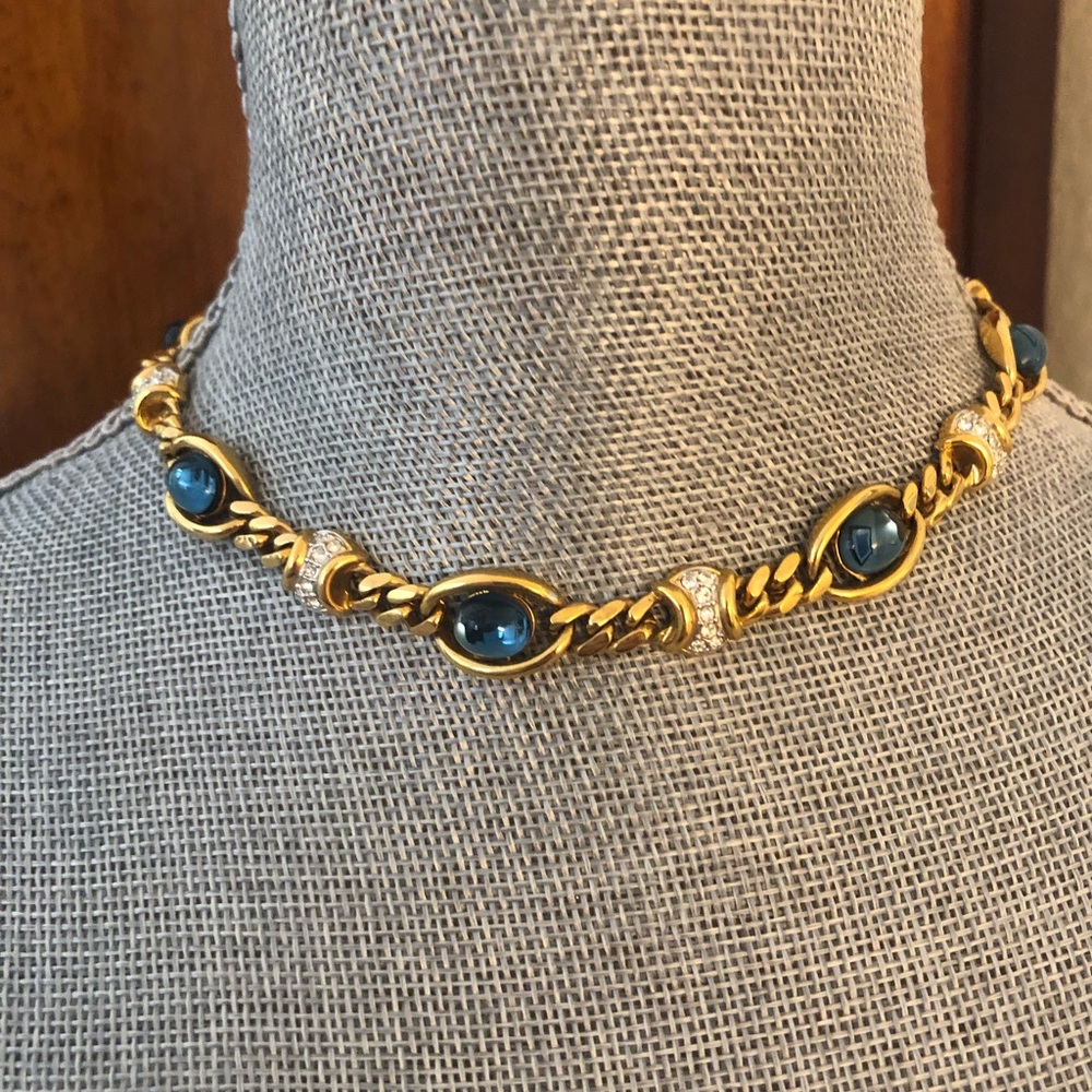 Stunning Vintage blue glass gold choker